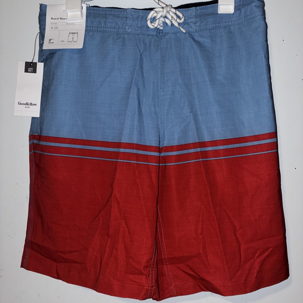 Men 9" Board Shorts With Liner - Medium Blue And Red - Goodfellow & Co